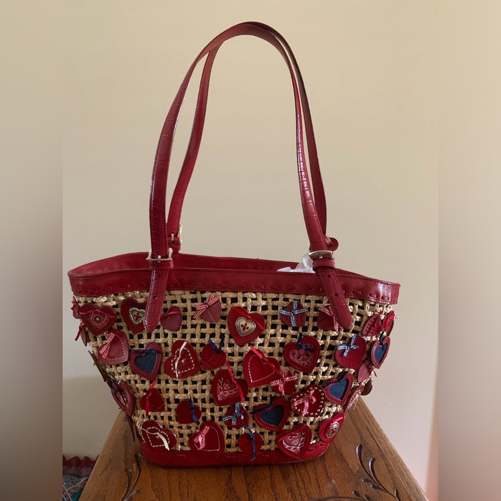 Vintage Brighton Linda Straw & Red Leather denim multi heart tote bag. Retired